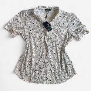 ADRIANNA PAPELL Women's M Polka Dot Ruffle Neck Blouse White/Black